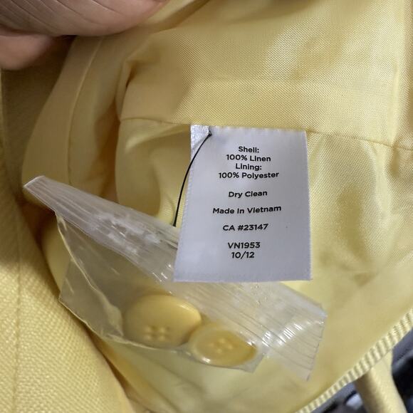 Talbots 100% Linen Blazer Pockets Size 14 Yellow Collarless New - Picture 6 of 7